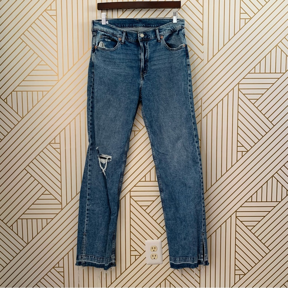 Gap '90s Loose Mid Rise Jeans Raw hem distressed knee medium wash 30 / 10 Tall